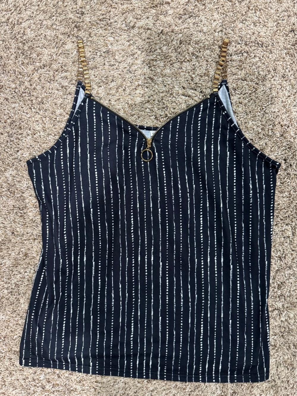 Black cami/tank top w/ white stripes, gold zipper and gold metal straps size XL